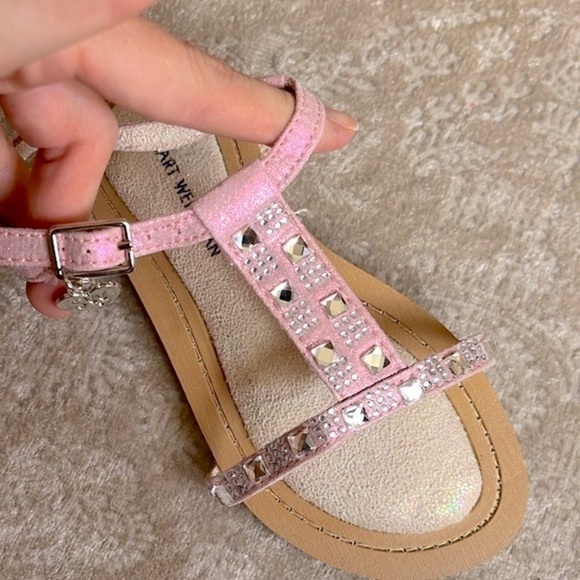Brand New Stuart Weitzman Rose Pink Ankle Strap Padded Girls Sandals Beaded Gems - Picture 11 of 15